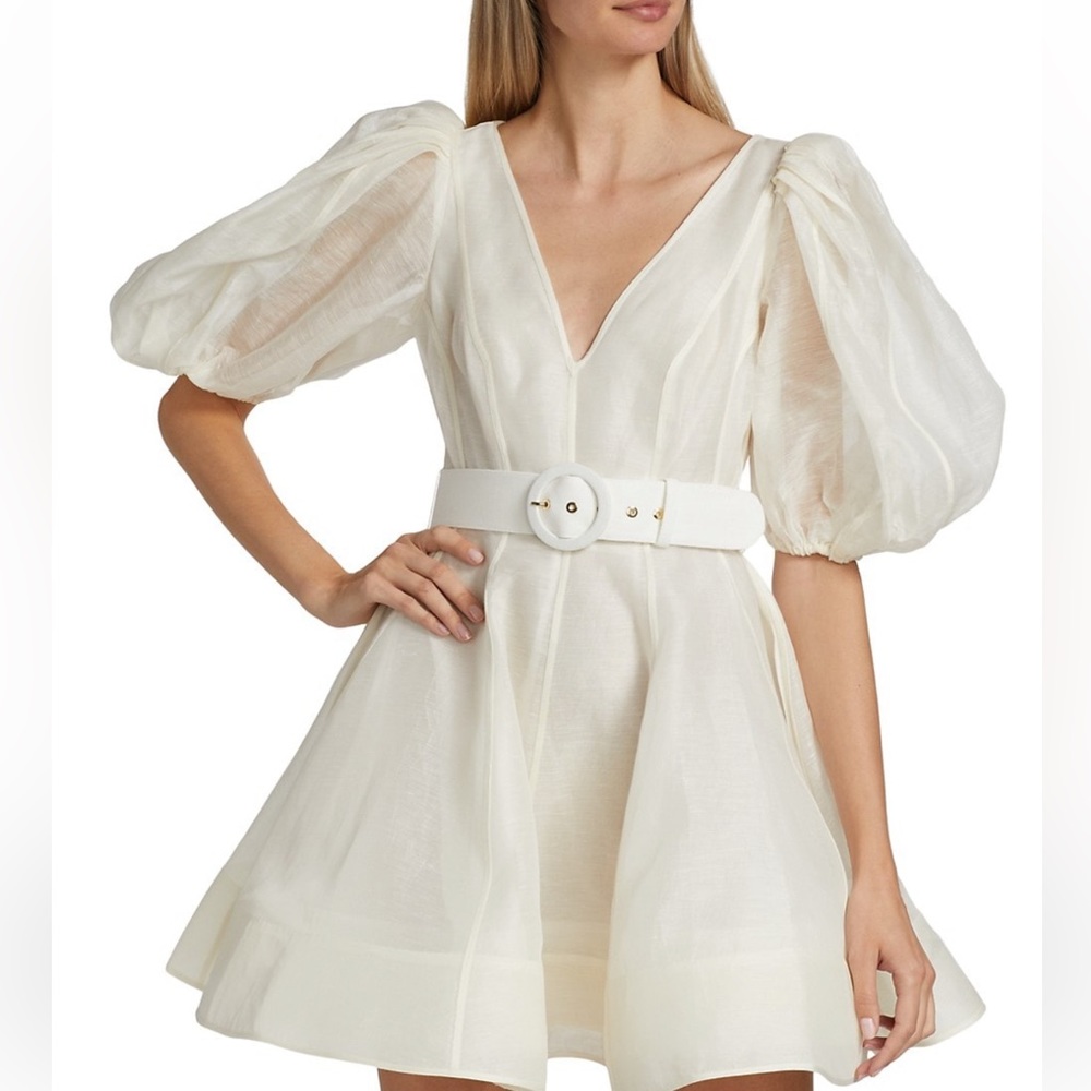 Zimmerman Belted Dancer Puff-Sleeve Minidress